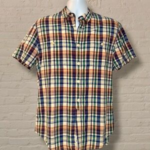 Lucky Brand Linen Blend Plaid Short Sleeve Button Shirt Large Classic Fit
